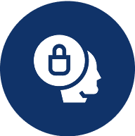 White silhouette of a human head with a padlock symbol inside a circle, indicating security or privacy, on a dark blue circular background.