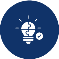 A lightbulb made of puzzle pieces with a checkmark beside it, set against a dark blue circular background.