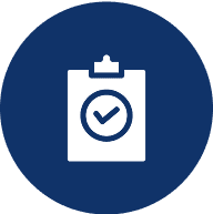 White clipboard with a checkmark icon centered on a dark blue circular background.
