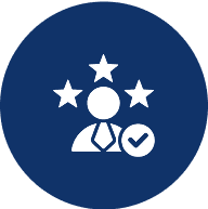 White icon of a person in a tie with three stars above and a checkmark, centered on a dark blue circle background.